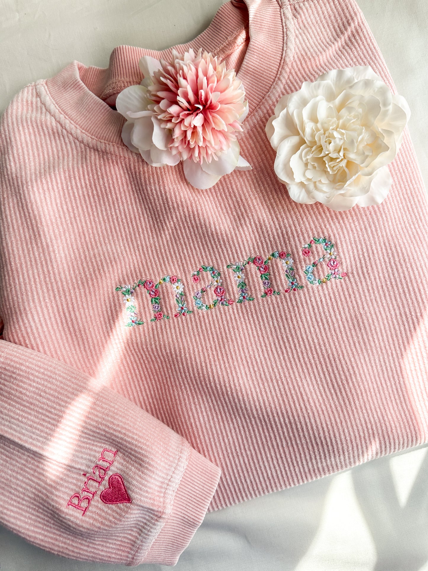 Mama Floral Embroidered Corded Crew- Peachy Pink