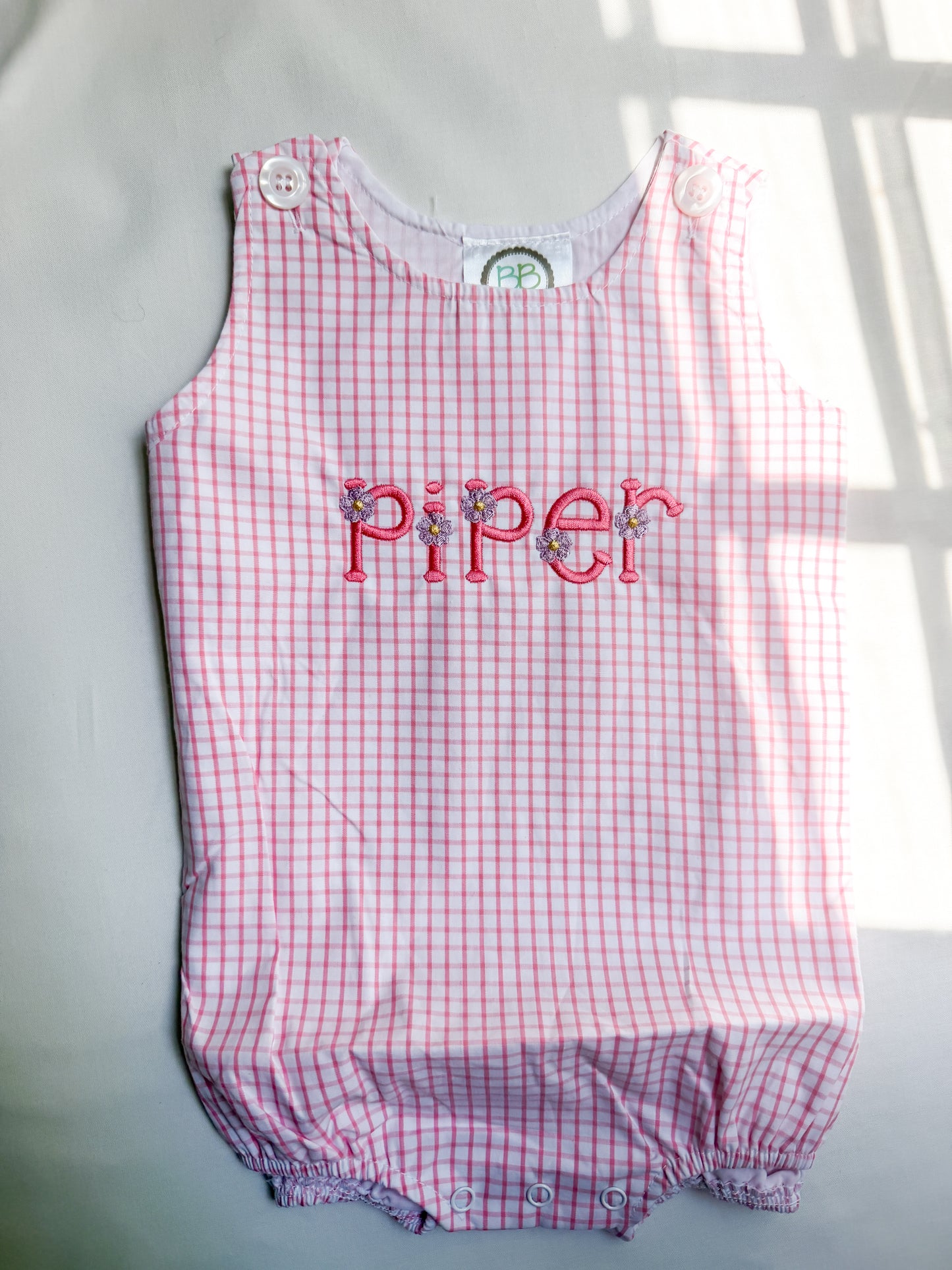 Personalized Flower Pink Plaid Bubble Romper