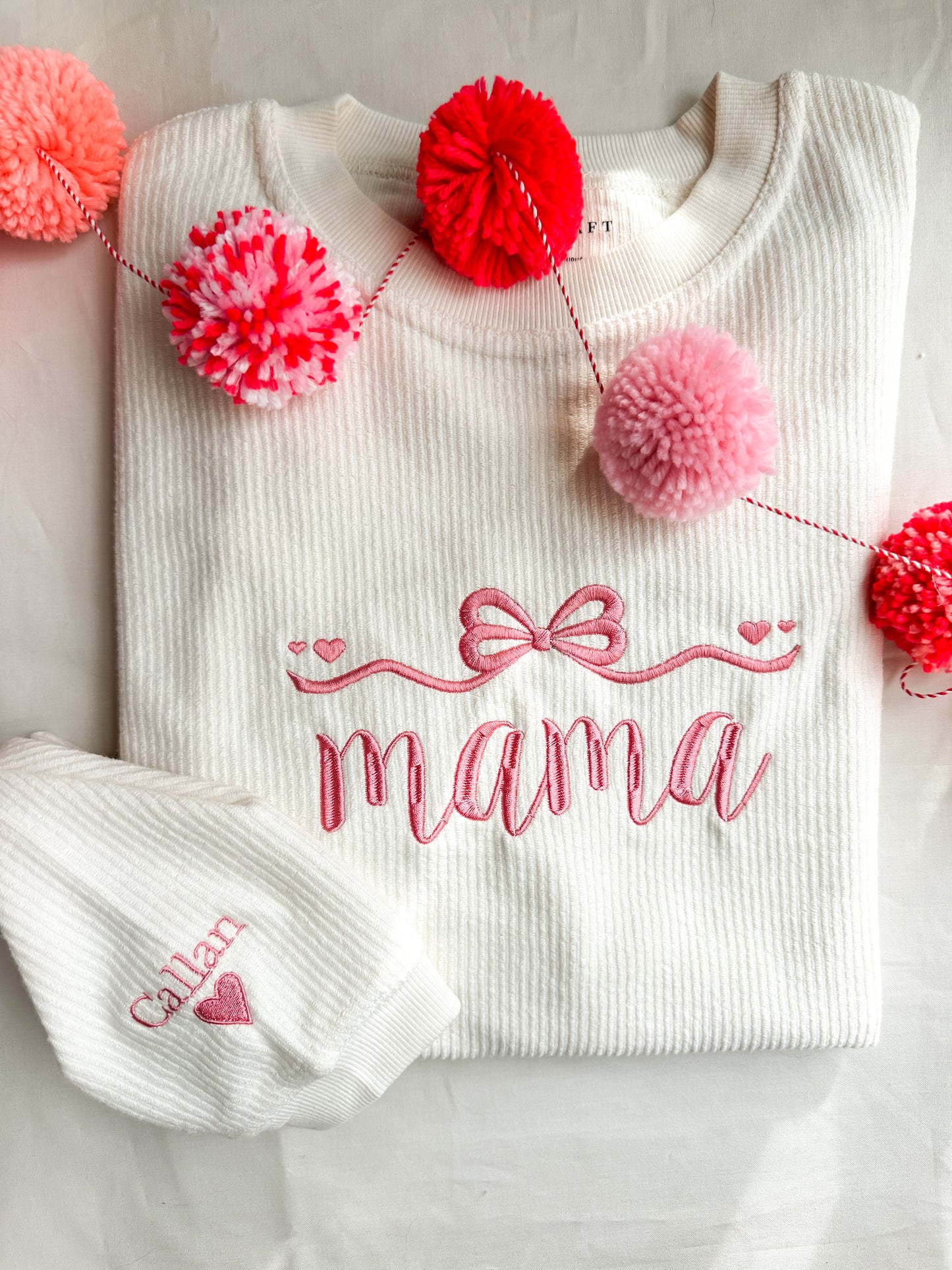 Mama Bow Embroidered Corded Crew
