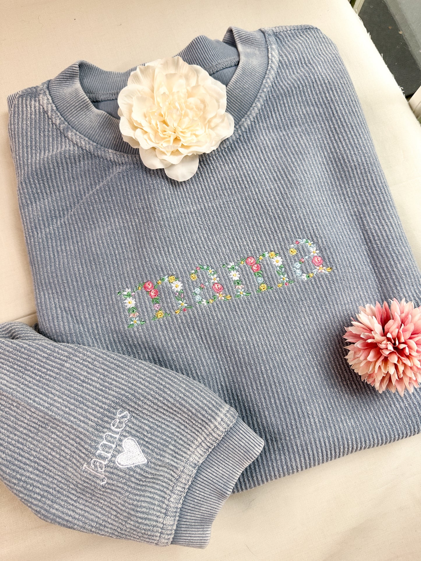 Mama Floral Embroidered Corded Crew- Light Blue