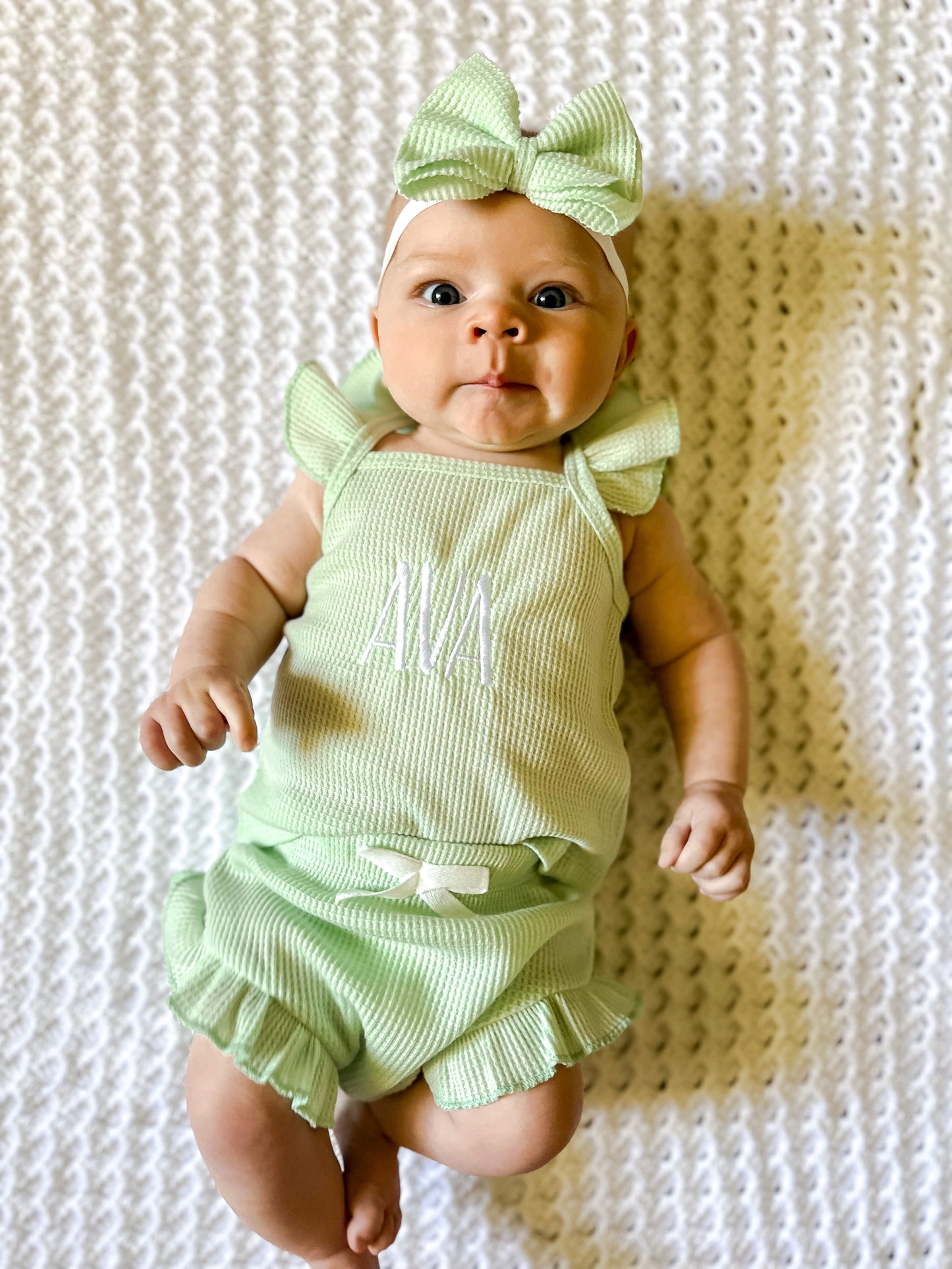 Light Green Waffle Baby Girl Ruffle Edge Set