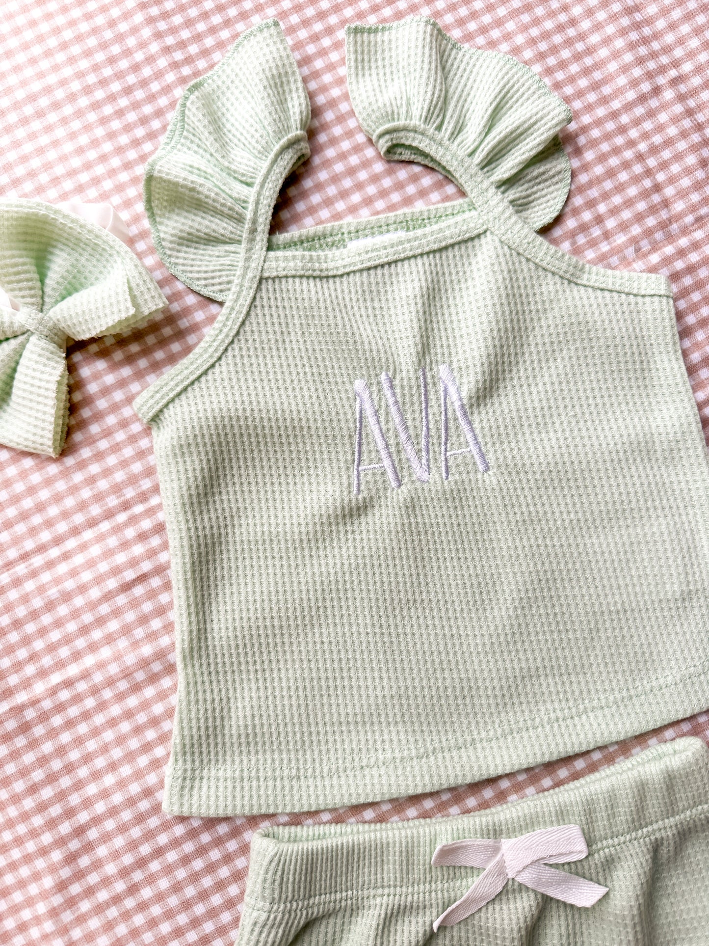 Light Green Waffle Baby Girl Ruffle Edge Set