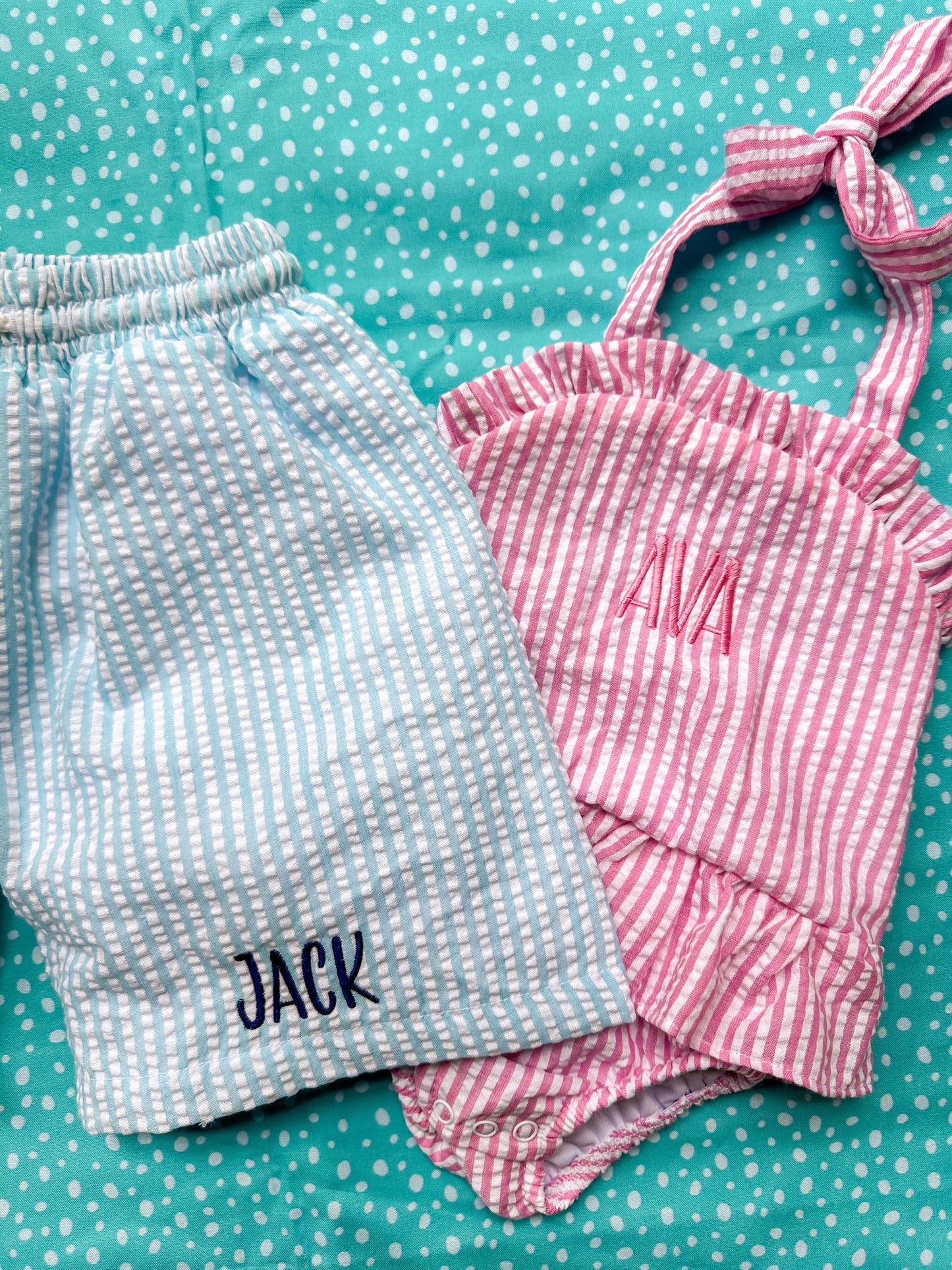 Boys Blue Seersucker Swim Trunks