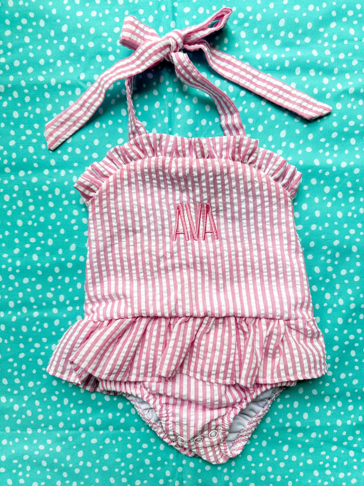 Pink Seersucker Little Girls Monogramed Swimsuit