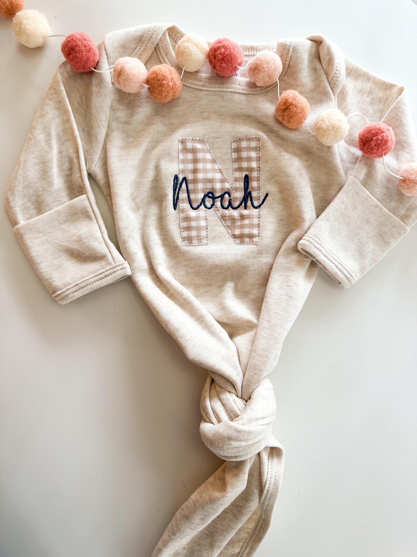 Neural Newborn Sleep Gown w/ Plaid Applique