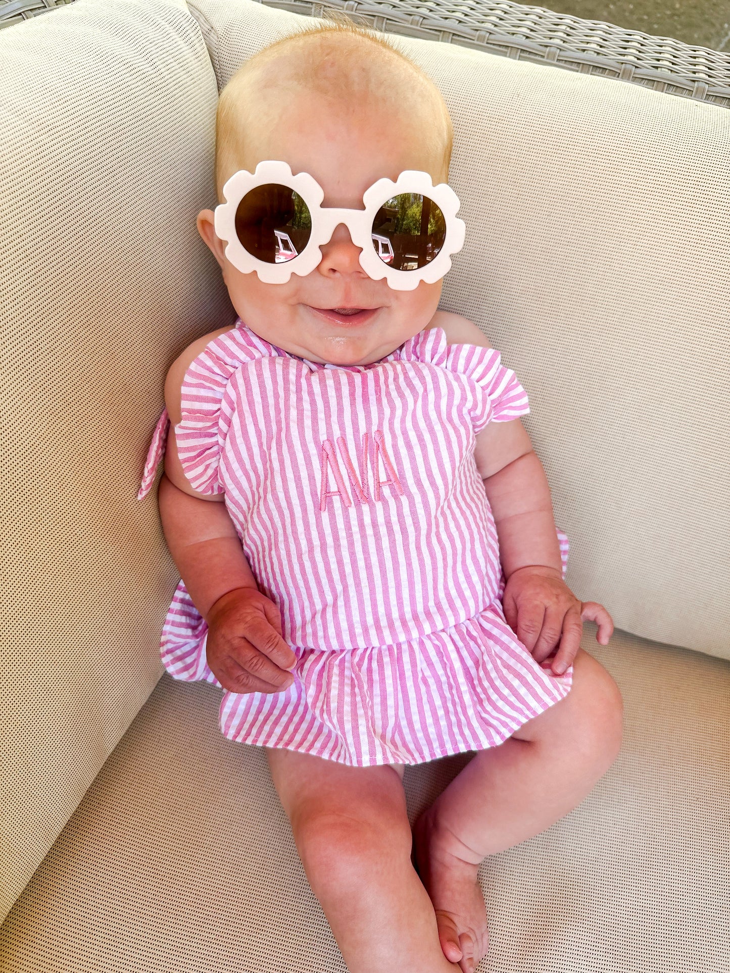 Pink Seersucker Little Girls Monogramed Swimsuit