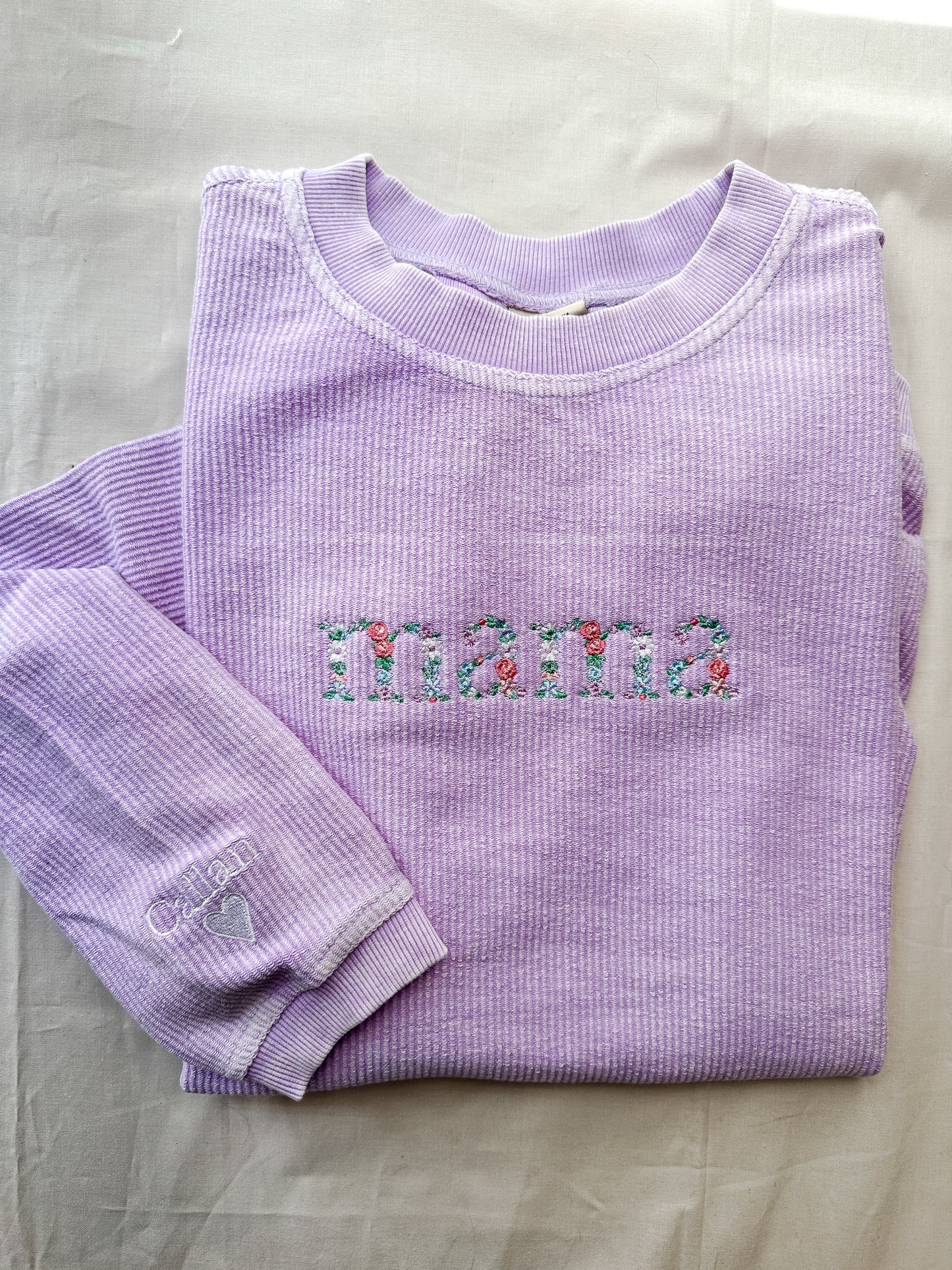 Mama Floral Embroidered Corded Crew- Lilac