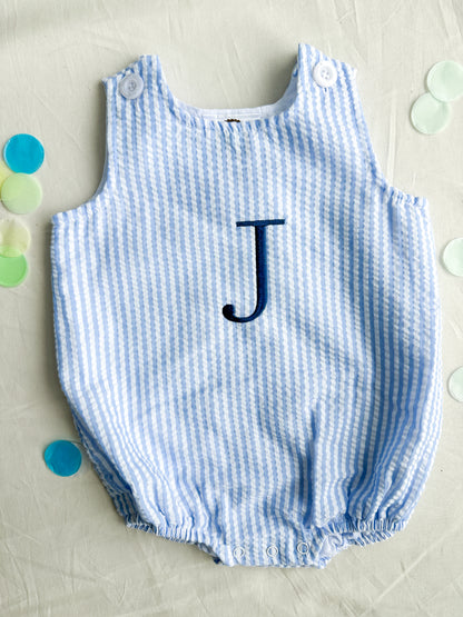 Personalized Initial Blue Seersucker Bubble Romper