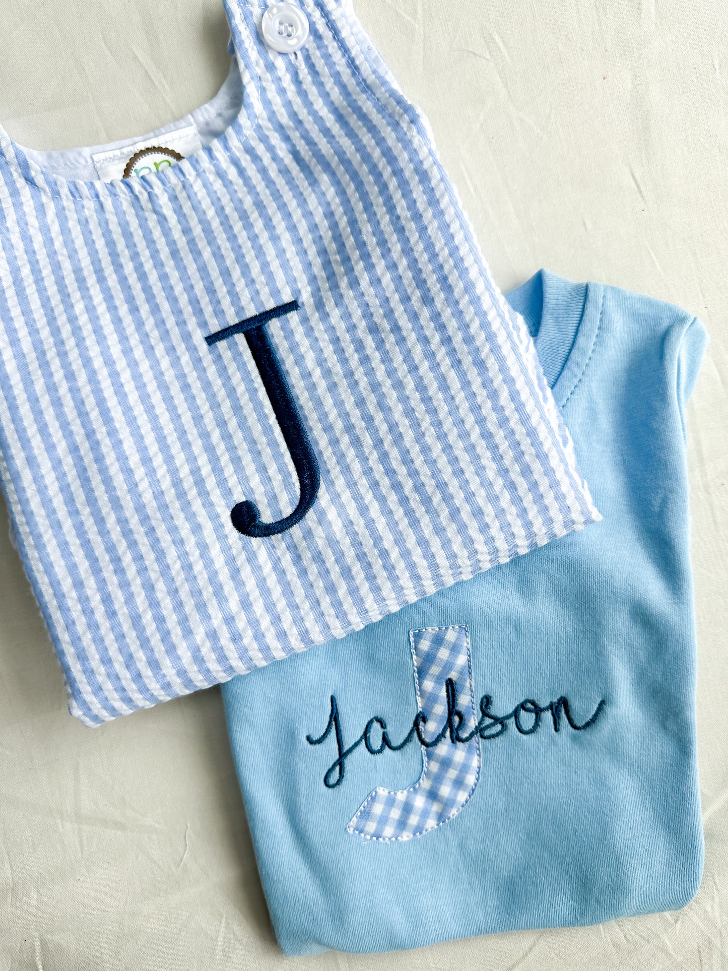 Personalized Initial Blue Seersucker Bubble Romper