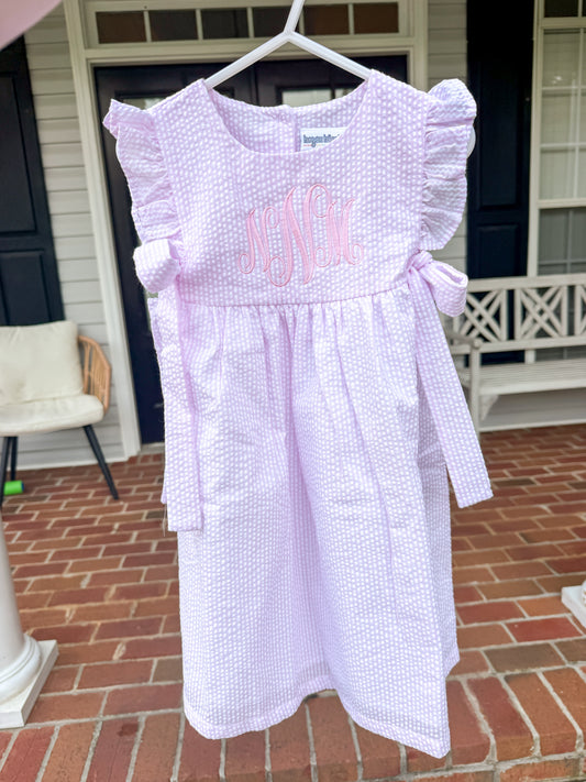 Pink Seersucker Bow Tie Dress with Monogram