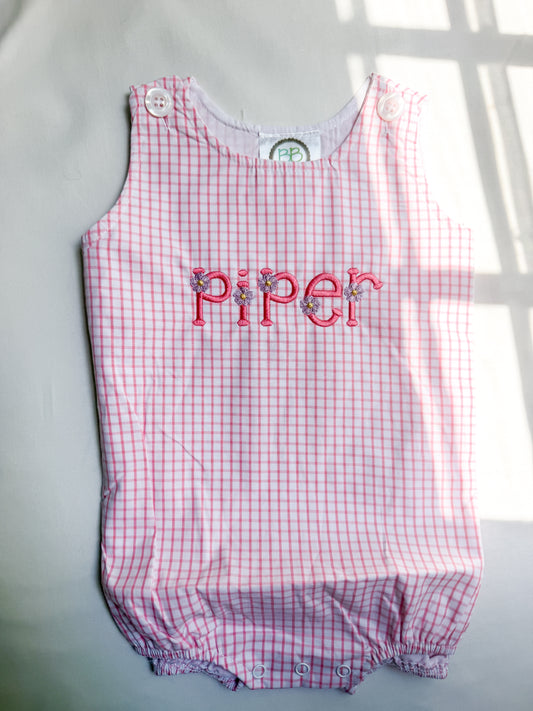 Personalized Flower Pink Plaid Bubble Romper