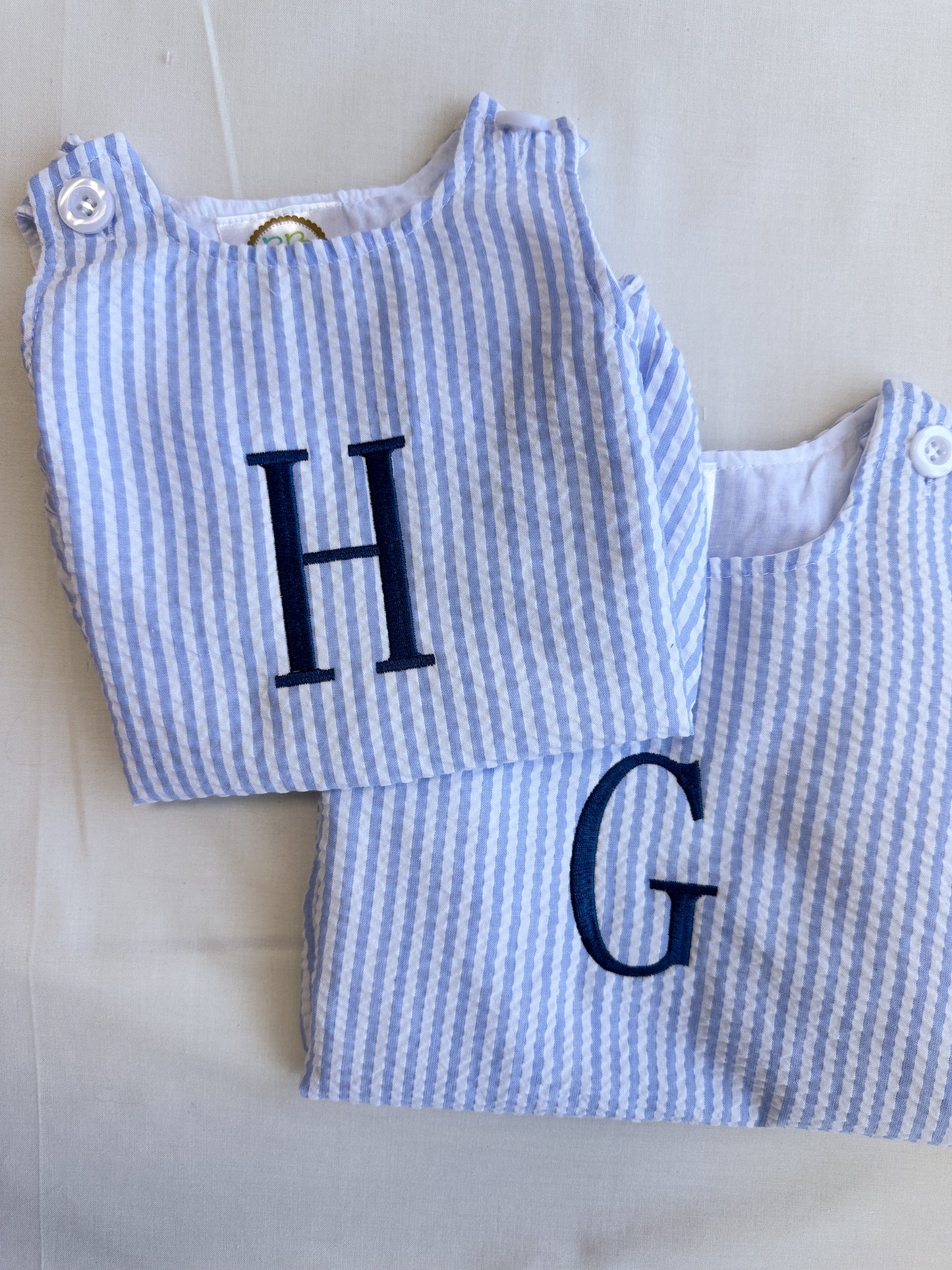 Personalized Initial Blue Seersucker Bubble Romper