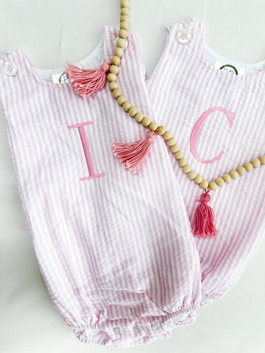 Personalized Initial Pink Seersucker Bubble Romper