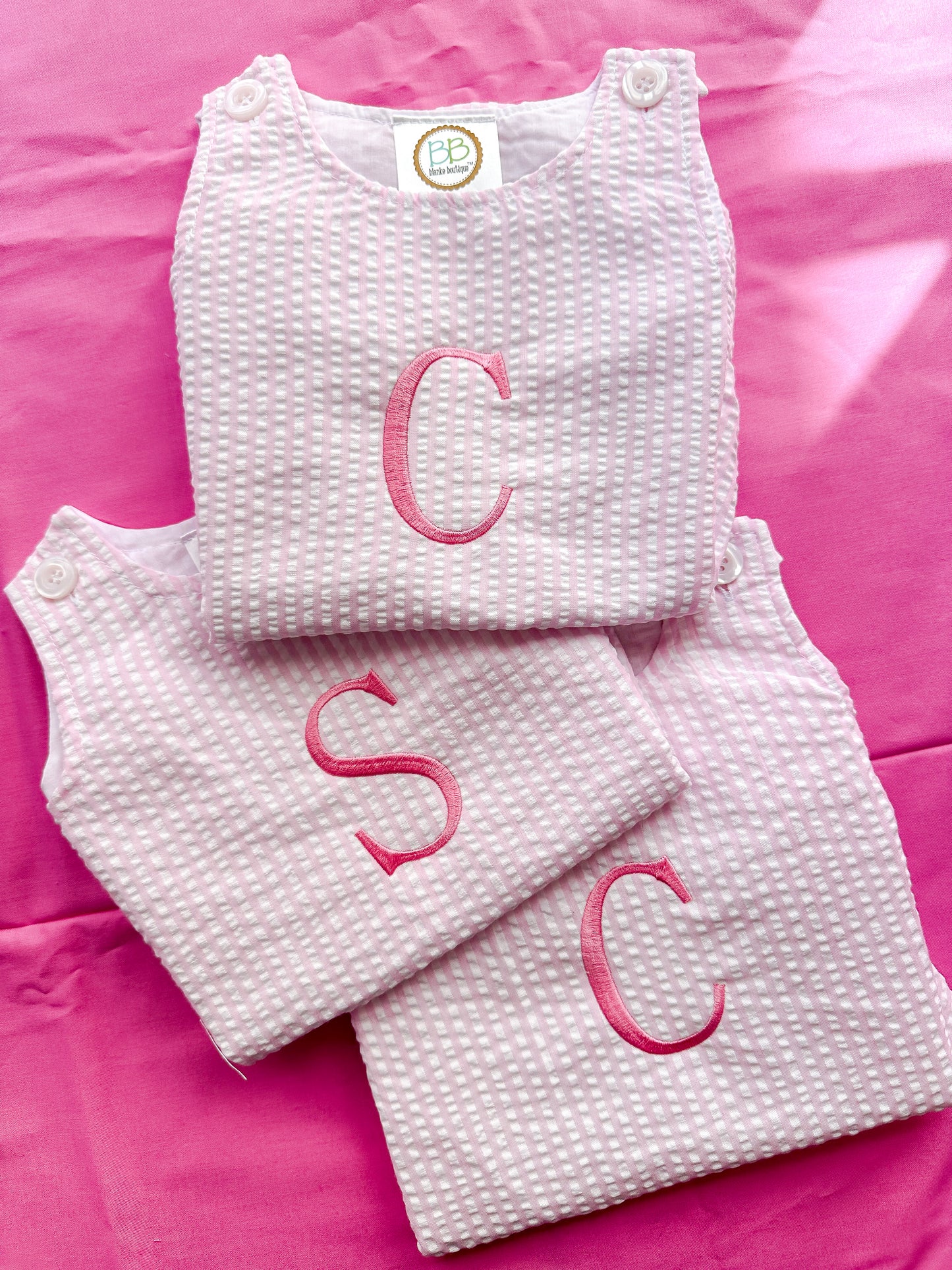 Personalized Initial Pink Seersucker Bubble Romper