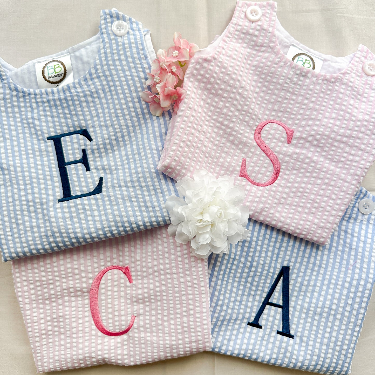 Personalized Initial Blue Seersucker Bubble Romper