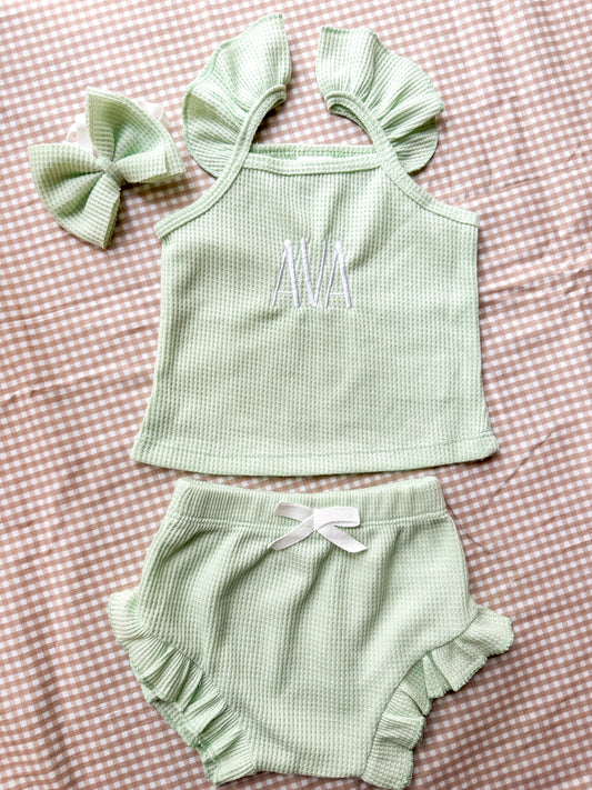 Light Green Waffle Baby Girl Ruffle Edge Set