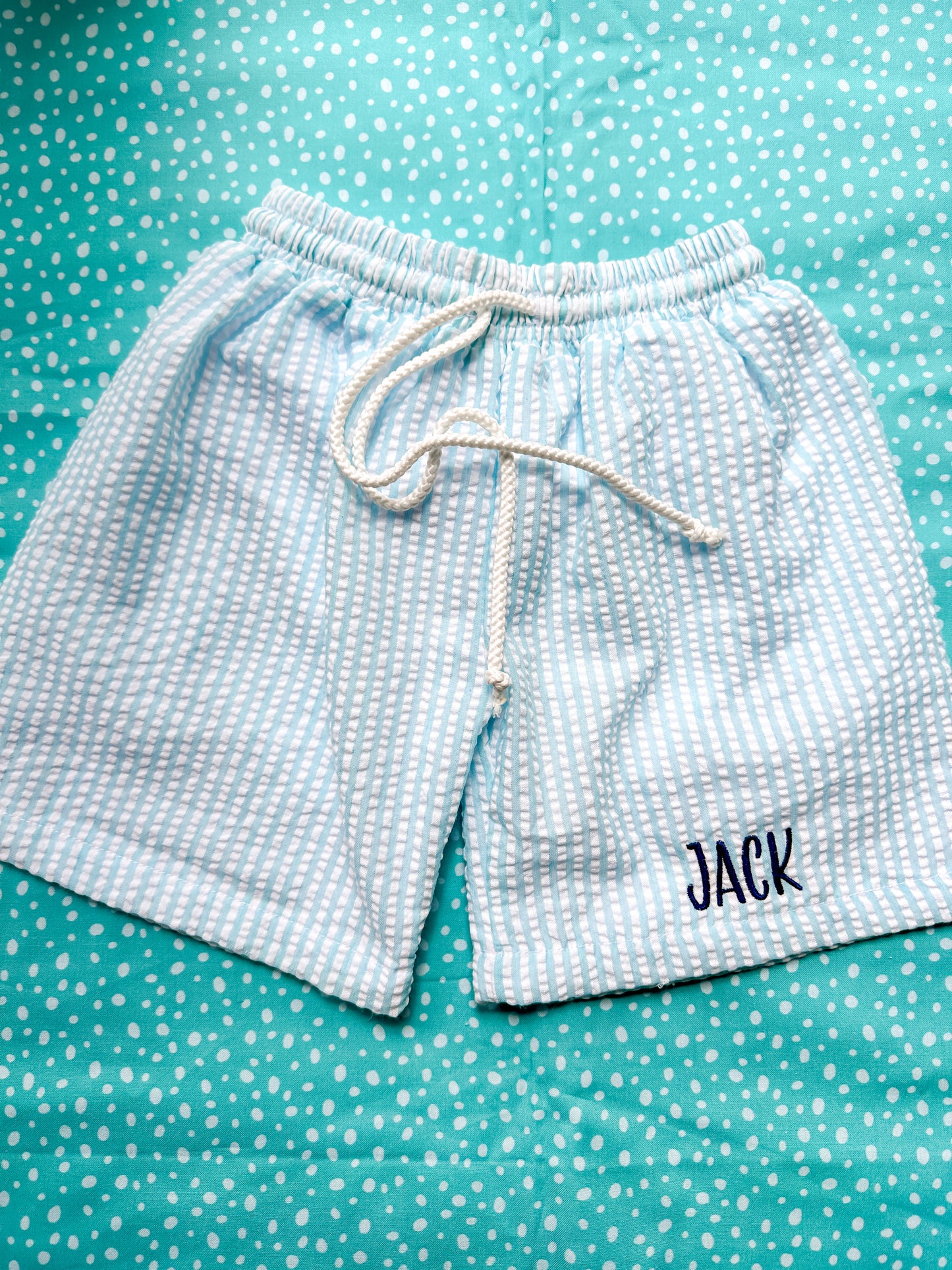 Boys Blue Seersucker Swim Trunks