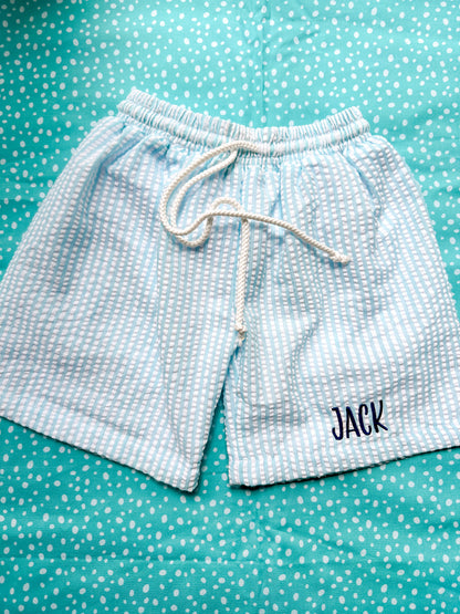 Boys Blue Seersucker Swim Trunks