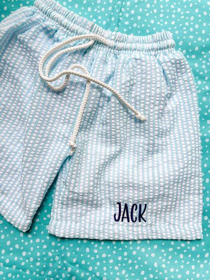 Boys Blue Seersucker Swim Trunks