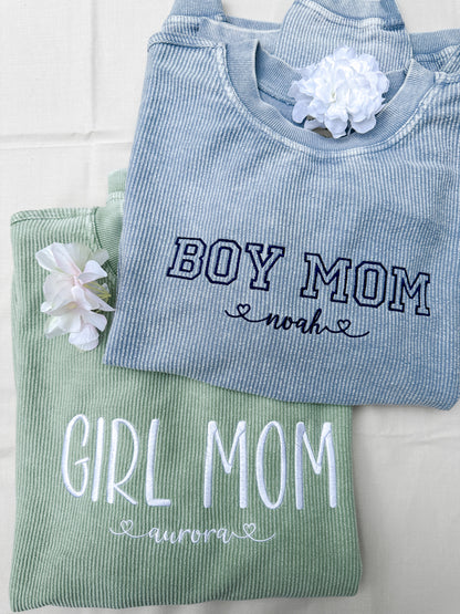 Boy / Girl Mom Embroidered Corded Crew