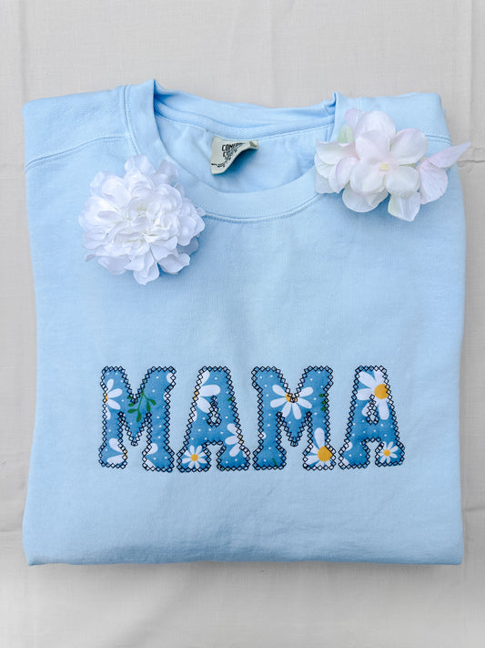 Mama Embroidered Sweatshirt - Blue Daisy