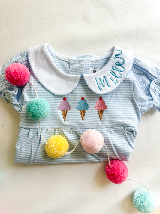 Blue Ice Cream Trio Striped Romper