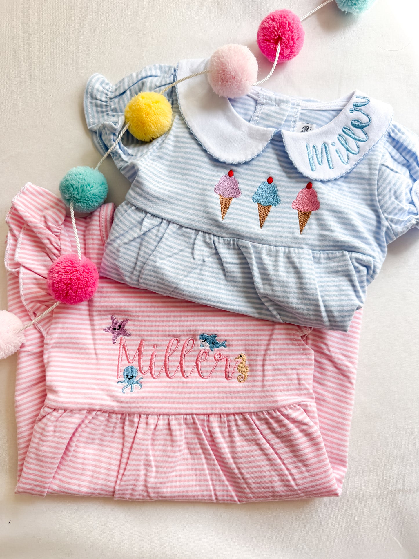 Blue Ice Cream Trio Striped Romper