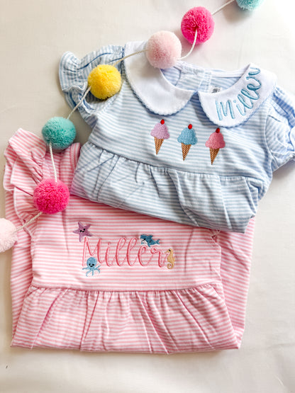 Blue Ice Cream Trio Striped Romper