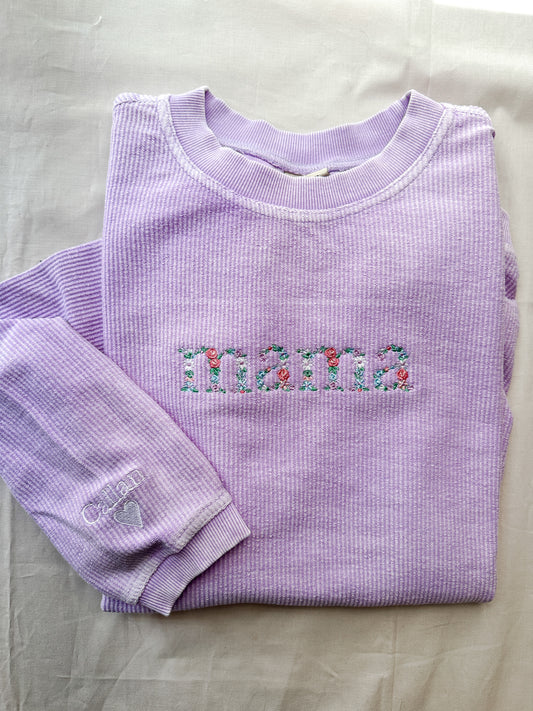 Mama Floral Embroidered Corded Crew