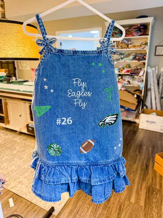 Custom Embroidered Football Denim Dress - Personalized Girls Football Outfit