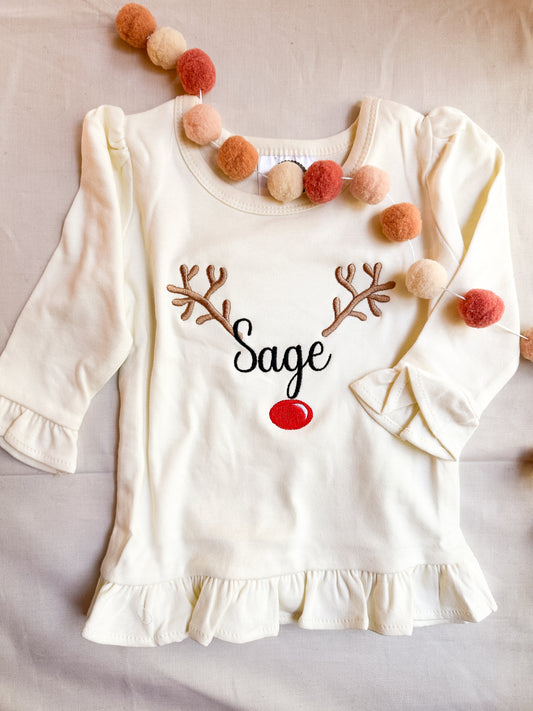 Long Sleeve Ruffle Personalized Reindeer