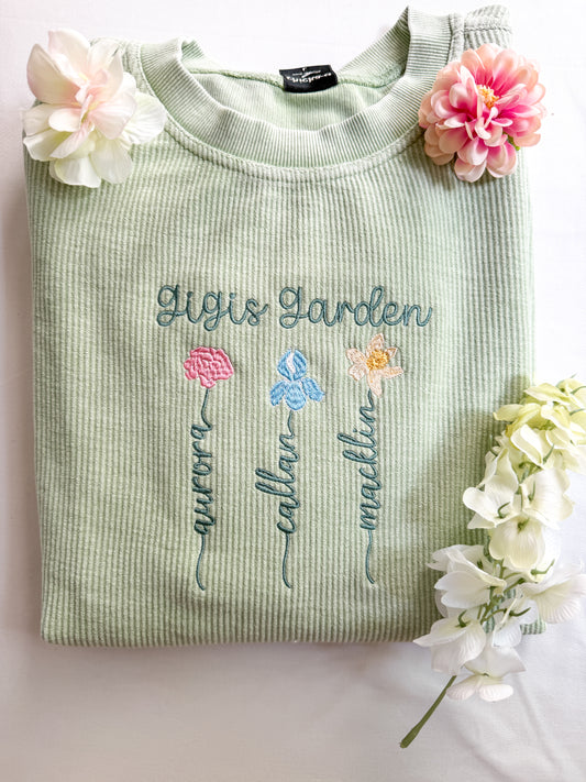 "Gigis" Garden Custom Embroidered Corded Crew