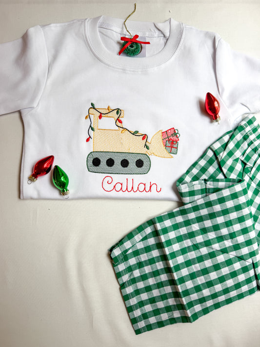 Personalized Christmas Bulldozer Boys Gingham Pant Set